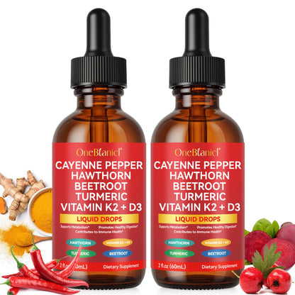 2-Count Cayenne Pepper Drops with Hawthorn, Beet Root, Turmeric, Vitamin K2 & D3 - 60ml