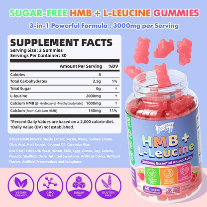 2 Pack HMB & L-Leucine 3000mg Gummies with Calcium | Vegan, Gluten-Free, Non-GMO