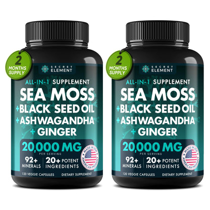 Secret Element Irish Sea Moss & Black Seed Oil Ashwagandha Ginger – All-in-One 20,000mg Capsules, 120 Count (Pack of 2)