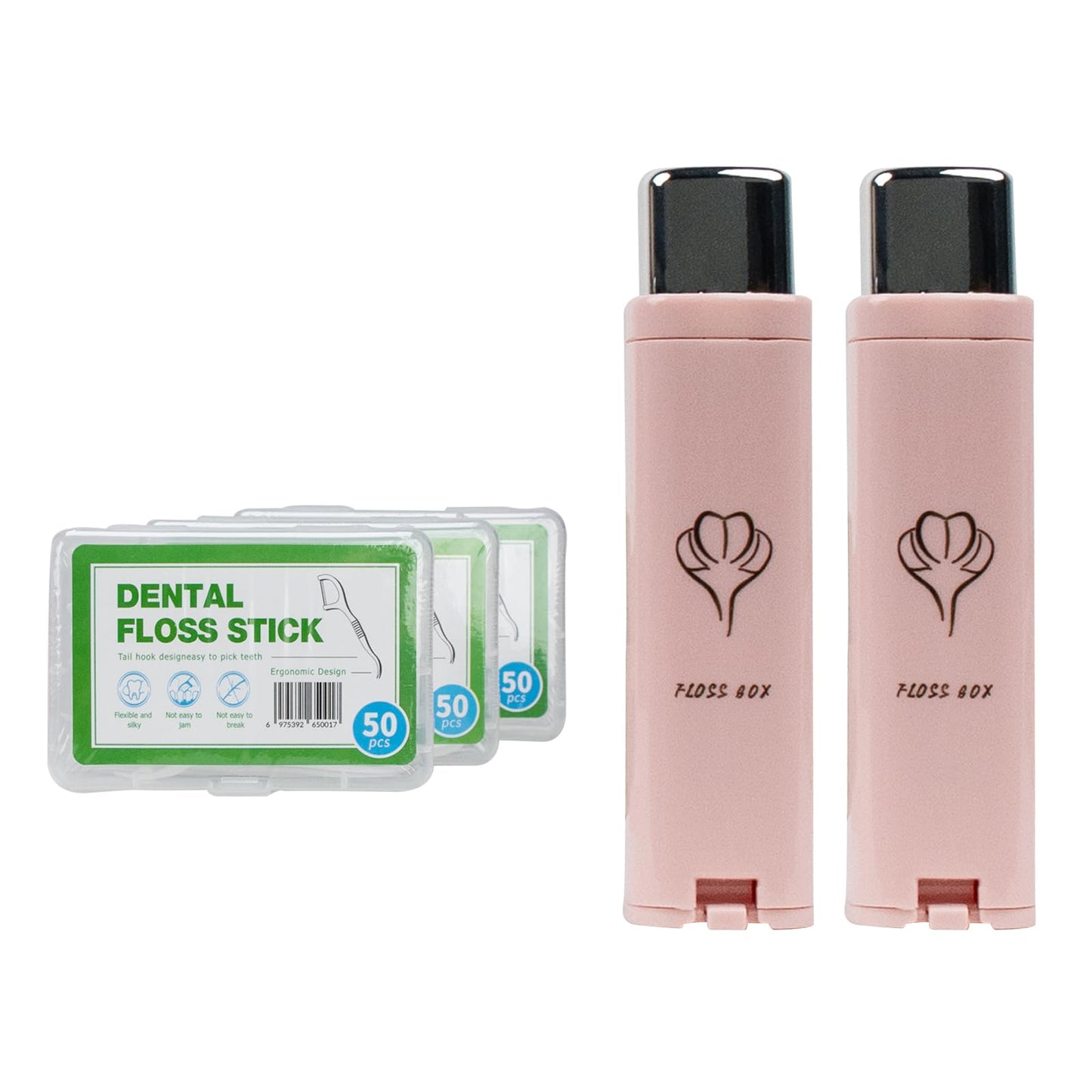 2 Pack Portable Dental Floss Dispenser – 3 Box Set (150 Picks) | Travel Case, 2 Pink