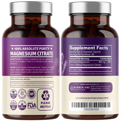 2-Pack Magnesium Citrate Capsules 1250mg | Muscle & Digestive Support - 240 Caps
