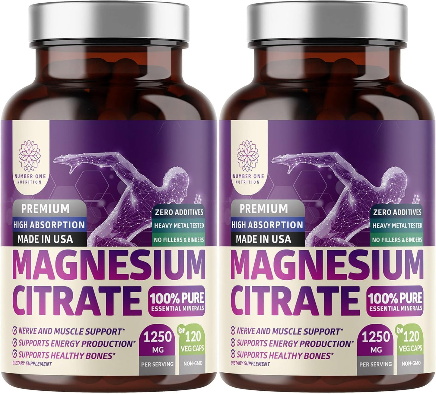 2-Pack Magnesium Citrate Capsules 1250mg | Muscle & Digestive Support - 240 Caps