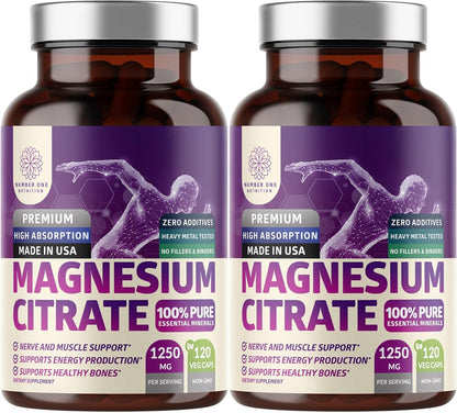 2-Pack Magnesium Citrate Capsules 1250mg | Muscle & Digestive Support - 240 Caps