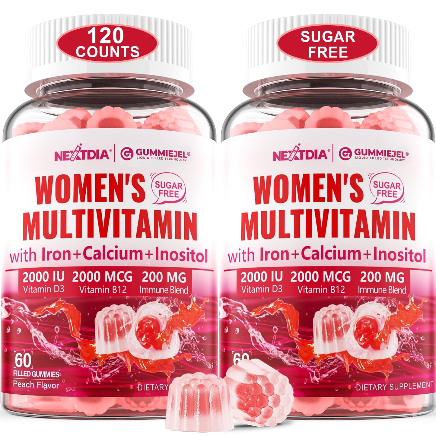 Nextdia Sugar-Free Methylated Multivitamin Gummies for Women – 2-Pack | Vegan Calcium D3 K2, Iron, Folate & B Complex