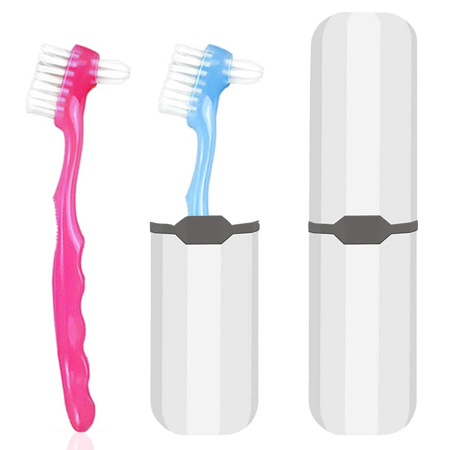 2-Piece Denture Cleaning Brush Set - Multi-Layered Bristles, Ergonomic Handle, Travel Case