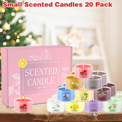 20 Pack Scented Candles Gift Set – 1.6oz Mini Jars, 10 Fragrances & Colors, Natural Soy Wax