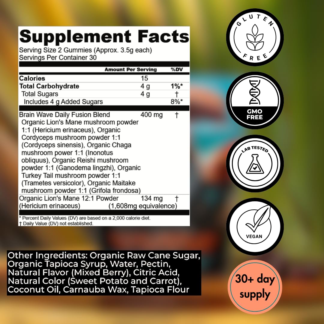 Superfood Mushroom Gummies – 2,008 mg Multi Lions Mane, Reishi, Cordyceps