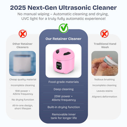2025 Ultrasonic Retainer Cleaner – 45KHz 25W with Drying, UVC Light, Removable Tank | Pink