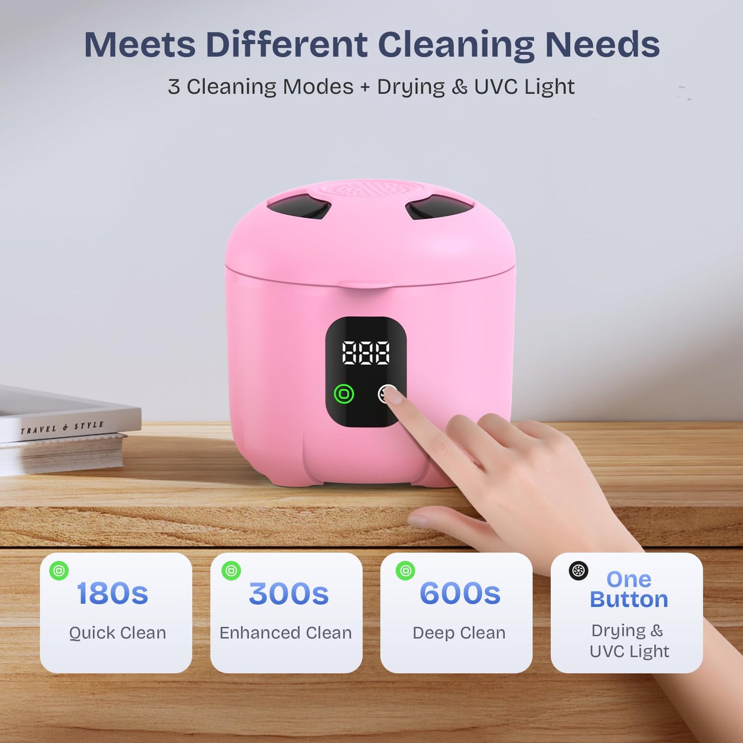 2025 Ultrasonic Retainer Cleaner – 45KHz 25W with Drying, UVC Light, Removable Tank | Pink