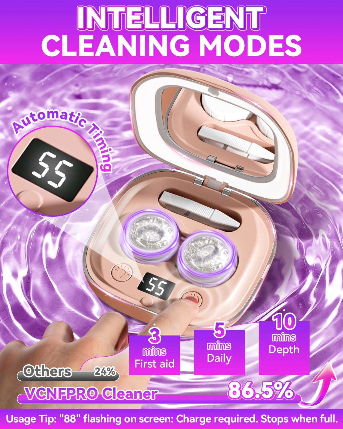 2025 Upgraded Ultrasonic Contact Lens Cleaner – 50KHz German Motor, Smart Modes, Portable Chic Pink
