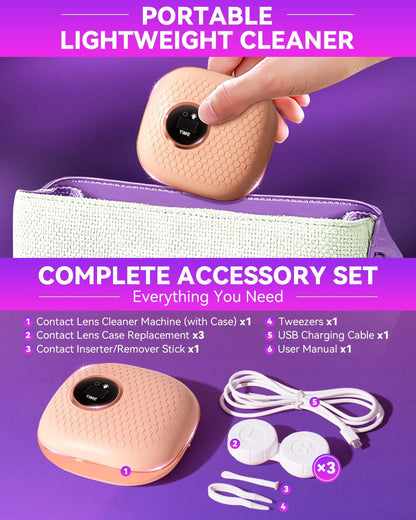 2025 Upgraded Ultrasonic Contact Lens Cleaner – 50KHz German Motor, Smart Modes, Portable Chic Pink