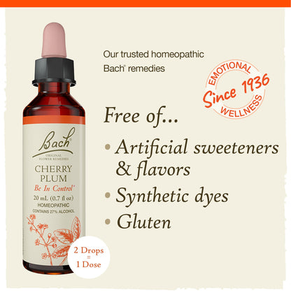 Bach Cherry Plum Original Flower Remedy – Be in Control, 20mL Dropper, Vegan