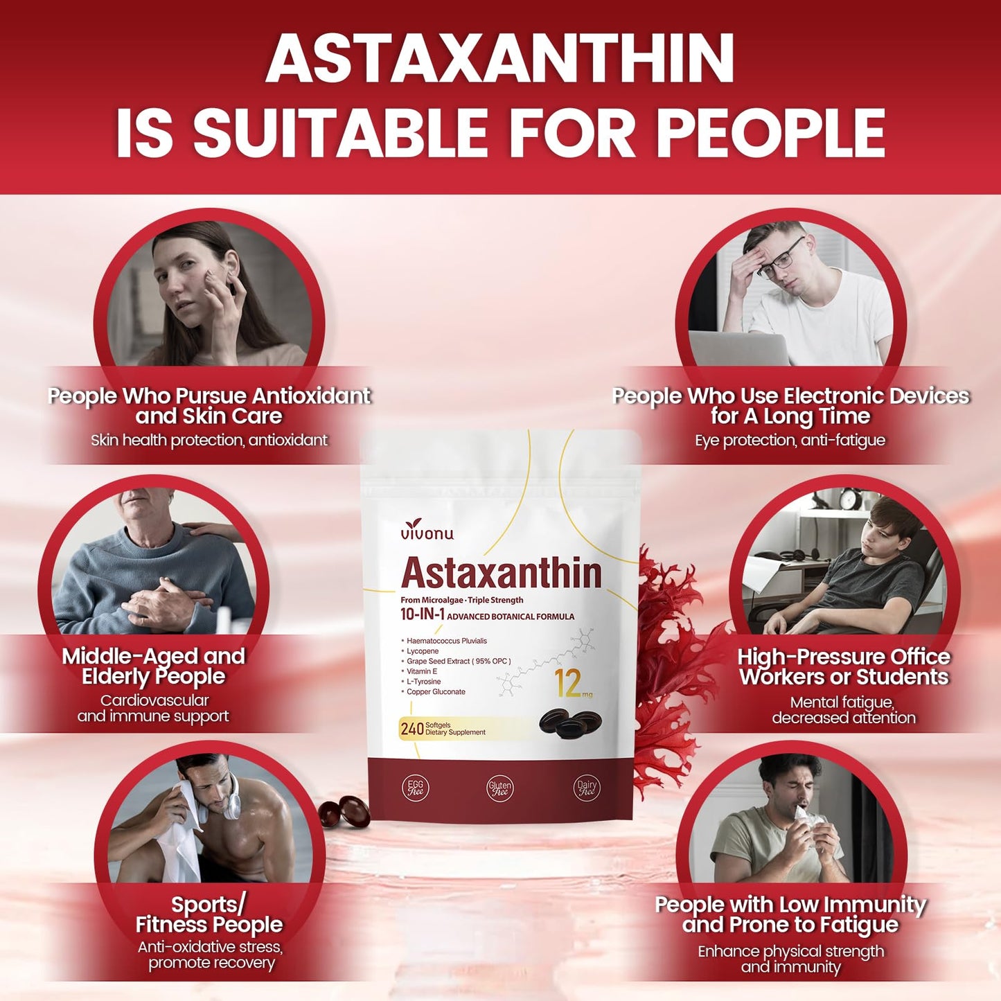Astaxanthin 12mg – 240 Softgels | Haematococcus Pluvialis 10-in-1 Antioxidant for Eyes, Joints & Skin