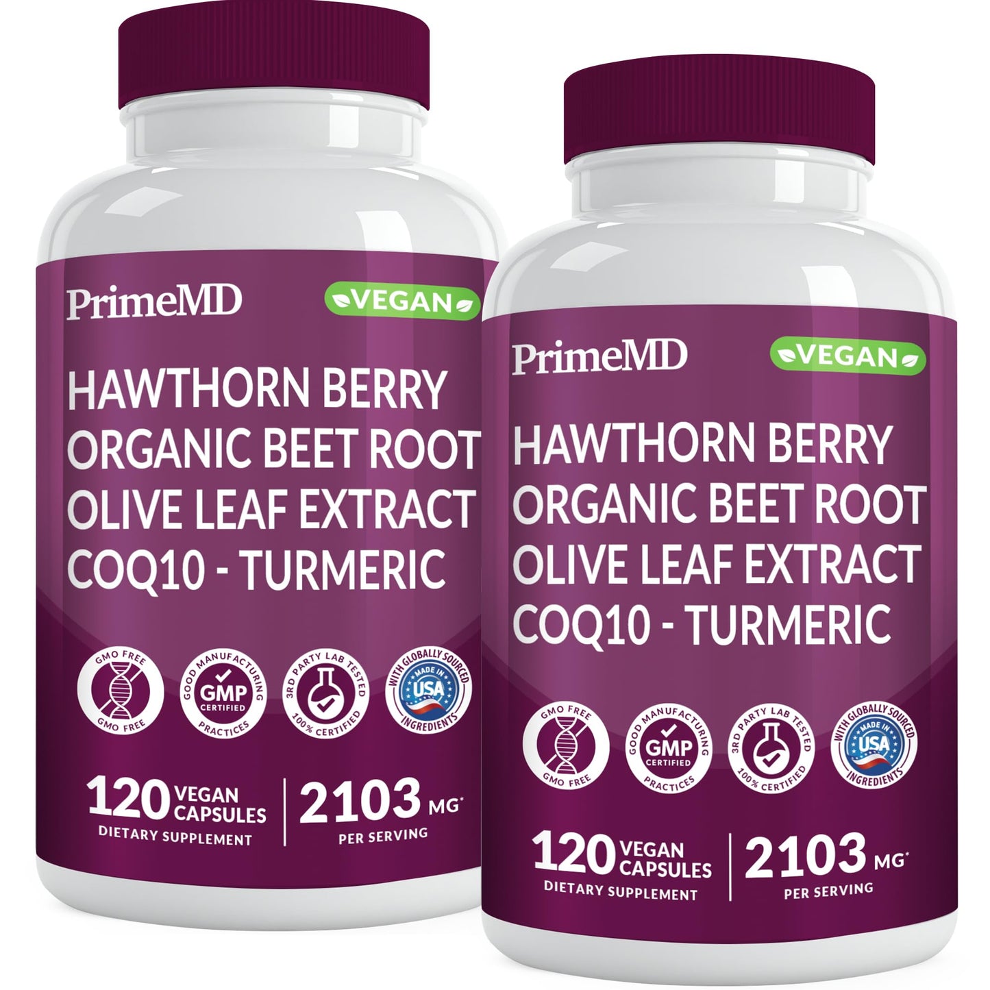 PrimeMD 26-in-1 Nitric Oxide Supplement – Heart & Circulation Support with CoQ10, Beet Root, Hawthorn & Garlic | 2103mg per Serving (120ct x 2)