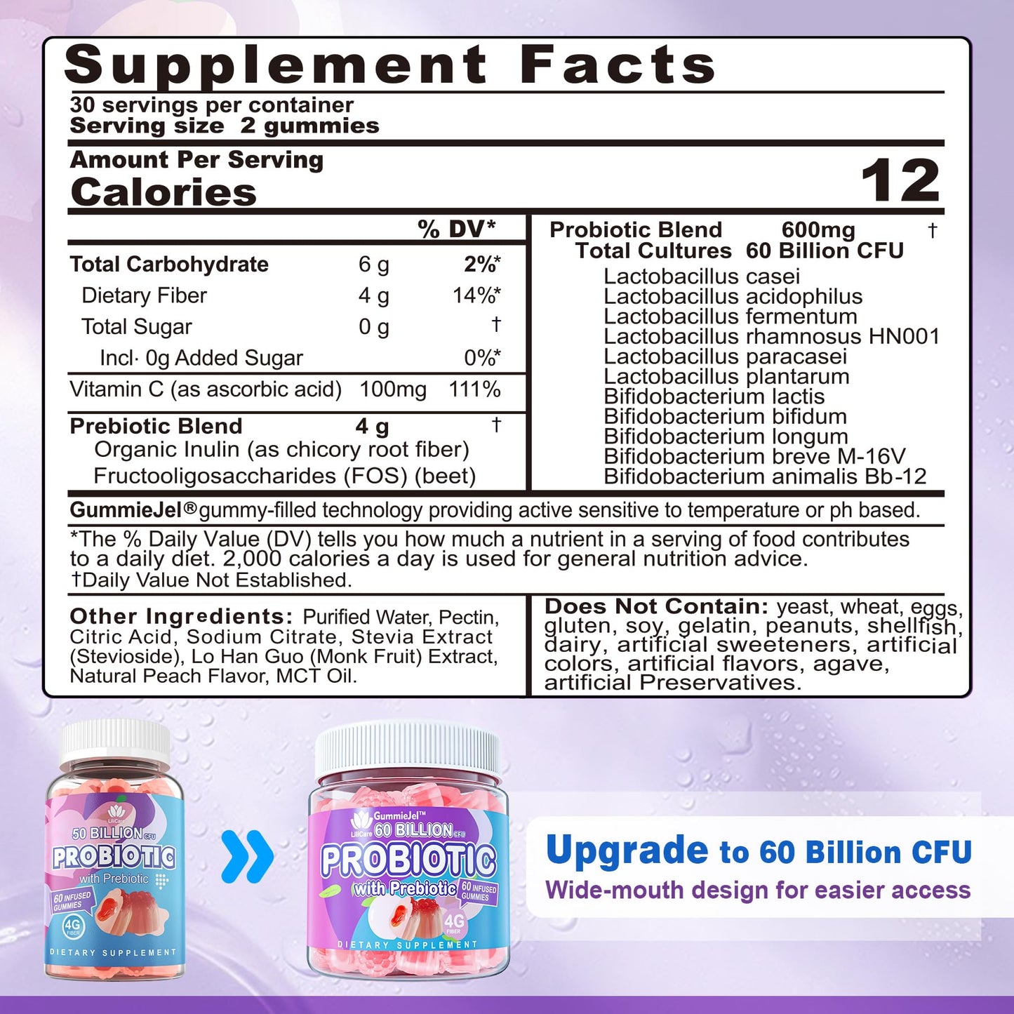 EnvyDeal Probiotic Gummies for Women & Men — 60B CFU, 11 Strains, Sugar Free, Peach, Vegan, 120 Count