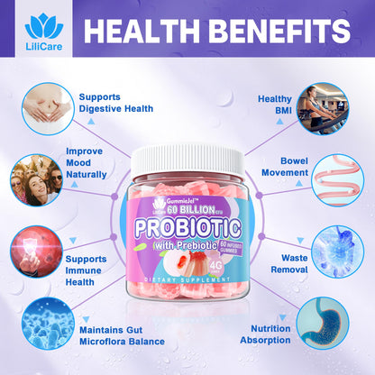 EnvyDeal Probiotic Gummies for Women & Men — 60B CFU, 11 Strains, Sugar Free, Peach, Vegan, 120 Count