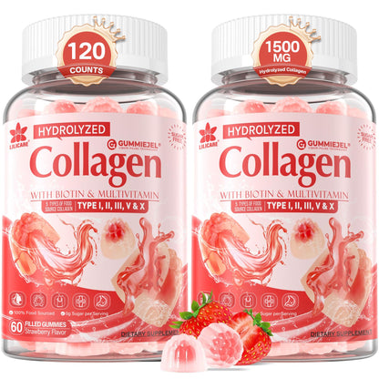 LILICARE 2Pack Sugar-Free Hydrolyzed Collagen Gummies – 1500mg Multi-Collagen, 5000mcg Biotin, Immune & Skin Support