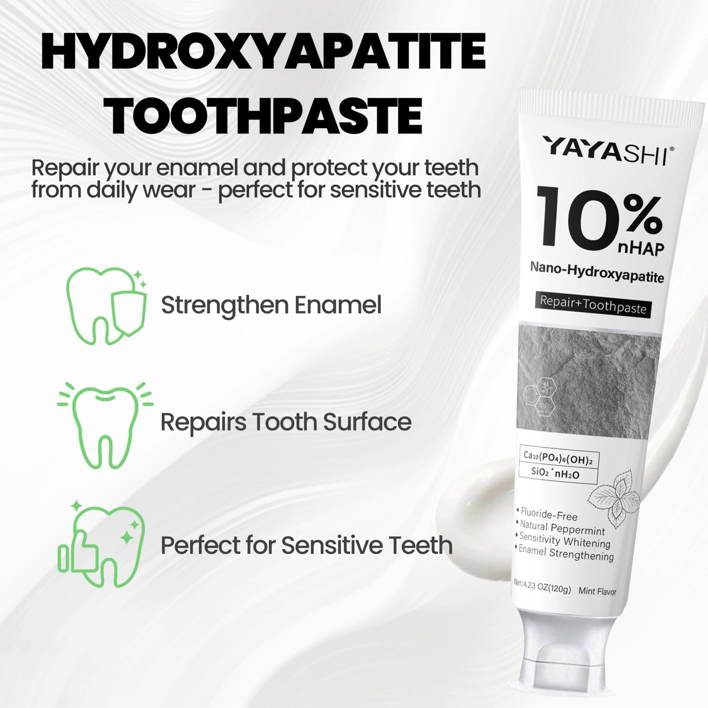 2PCS Hydroxyapatite Toothpaste 10% — Fluoride-Free, Gentle Mint, 4.23oz (2 Pack)