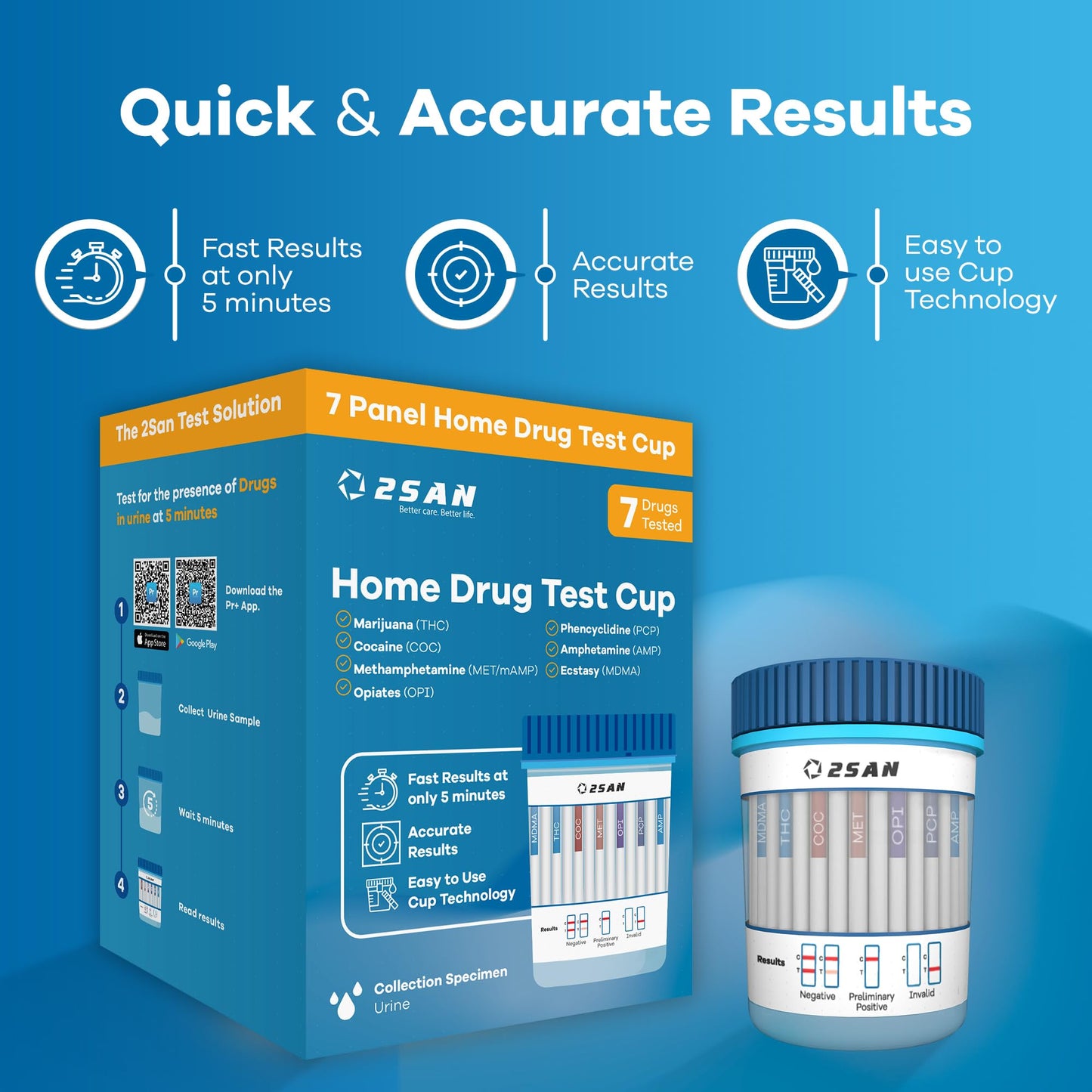 2San 7-Panel Drug Test Cup – 5-Min At-Home Results (THC, COC, MET, OPI, AMP, MDMA, PCP)