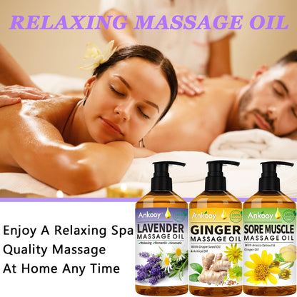 3 Pack Massage Oil for Sore Muscles – Arnica, Ginger & Lavender | Spa Gift