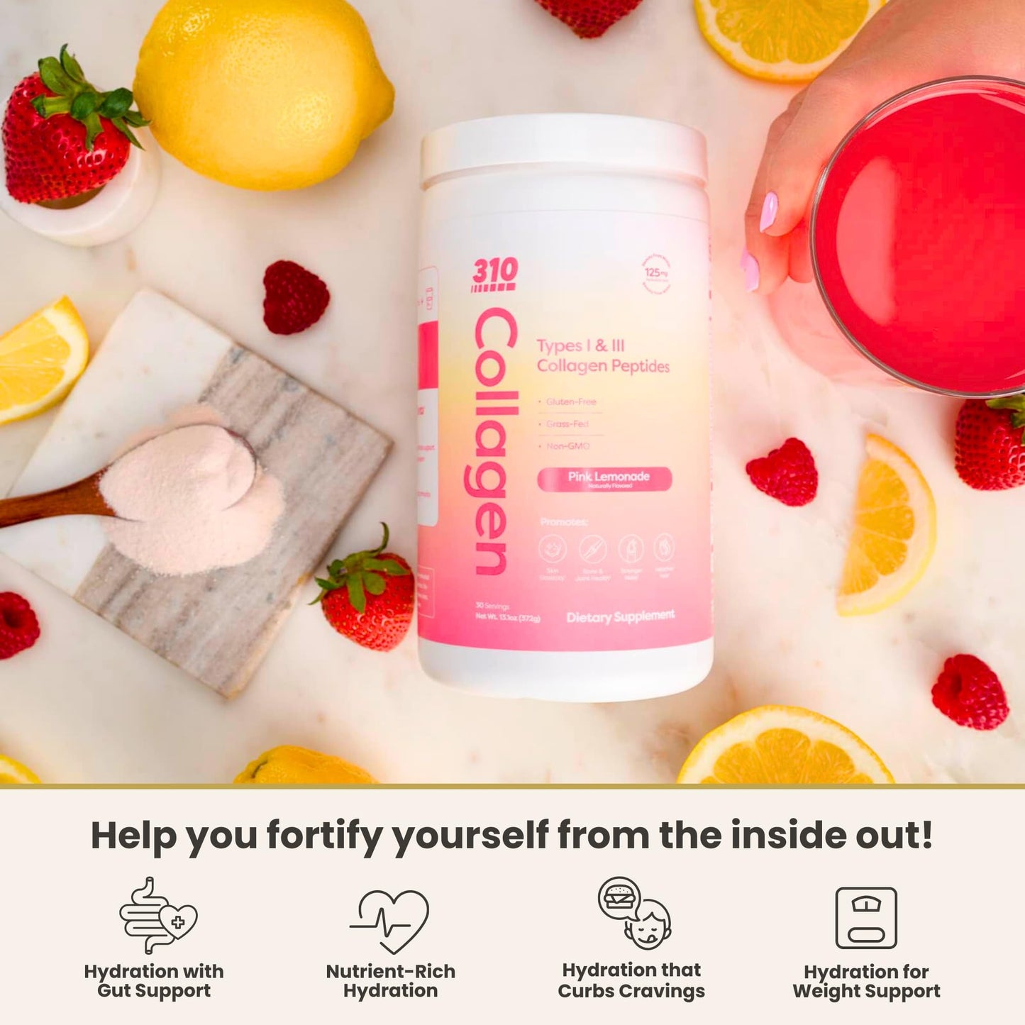 Hydrolyzed Collagen Peptides Powder – Grass-Fed with Vitamins C/D/E, Hyaluronic Acid & Resveratrol | Pink Lemonade 30 Servings