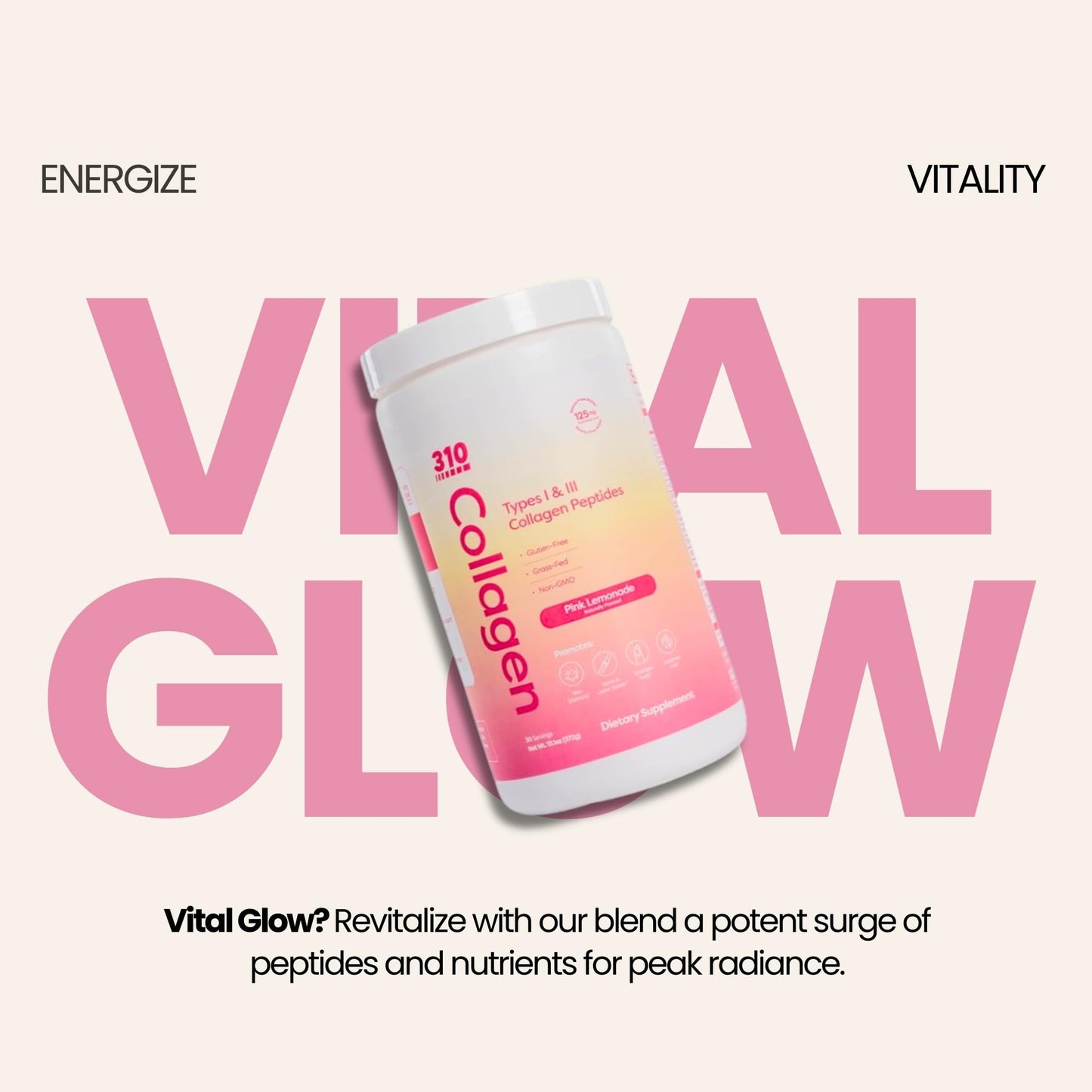 Hydrolyzed Collagen Peptides Powder – Grass-Fed with Vitamins C/D/E, Hyaluronic Acid & Resveratrol | Pink Lemonade 30 Servings