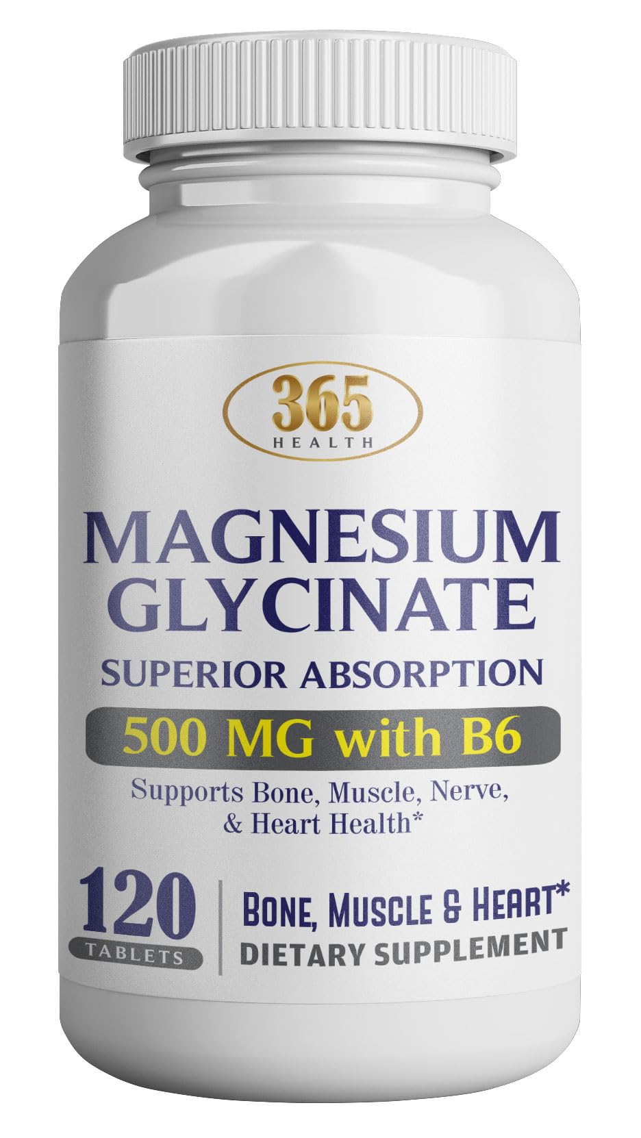 365 Health Magnesium Glycinate 500mg – 120 Vegetarian Tablets | Non-GMO, Gluten Free