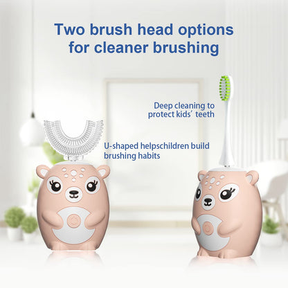 Kids U-Shaped Sonic Electric Toothbrush — Automatic, 6 Modes, 4 Heads, Cartoon Deer Design