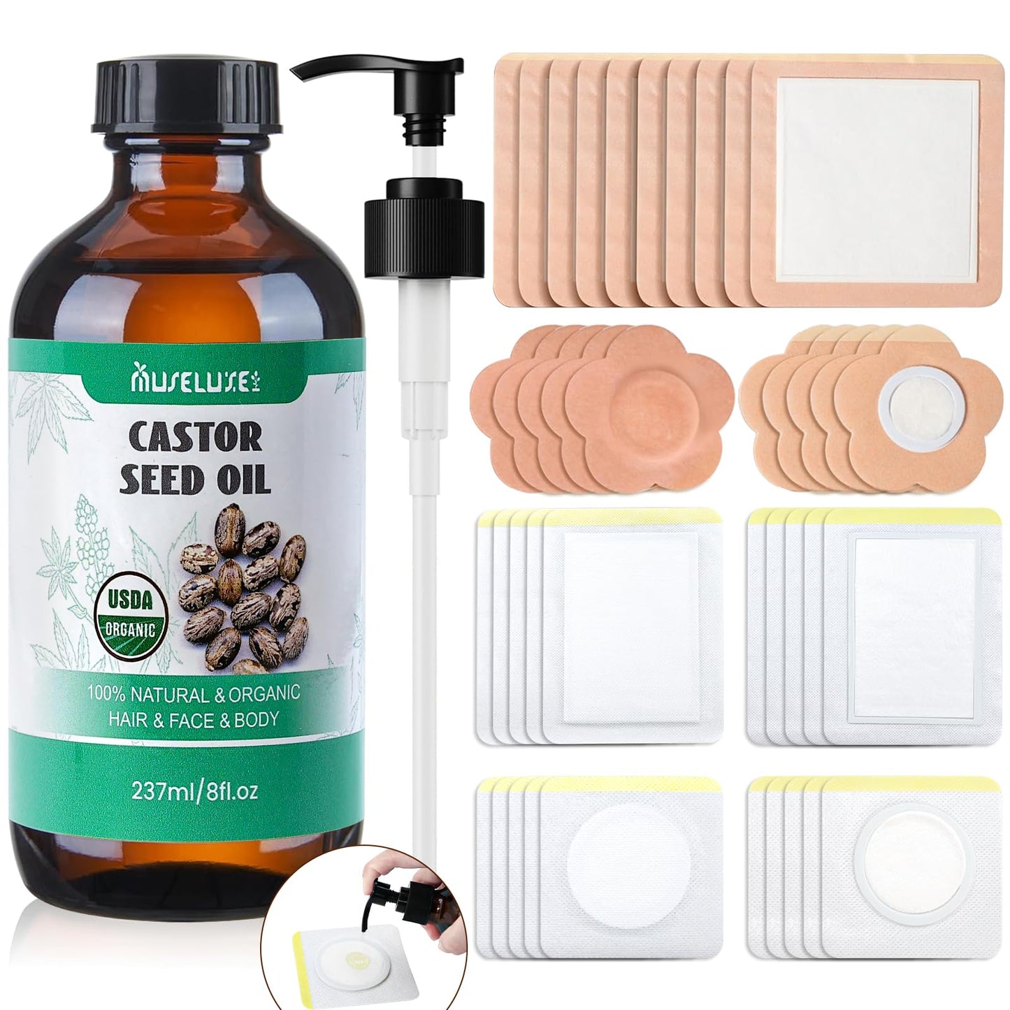 40 Pcs Castor Oil Patches Kit - Organic Cold-Pressed Castor Oil (8oz)