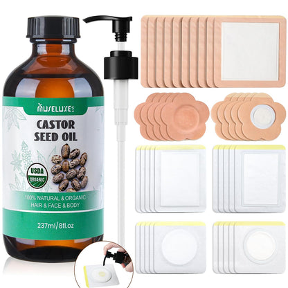 40 Pcs Castor Oil Patches Kit - Organic Cold-Pressed Castor Oil (8oz)