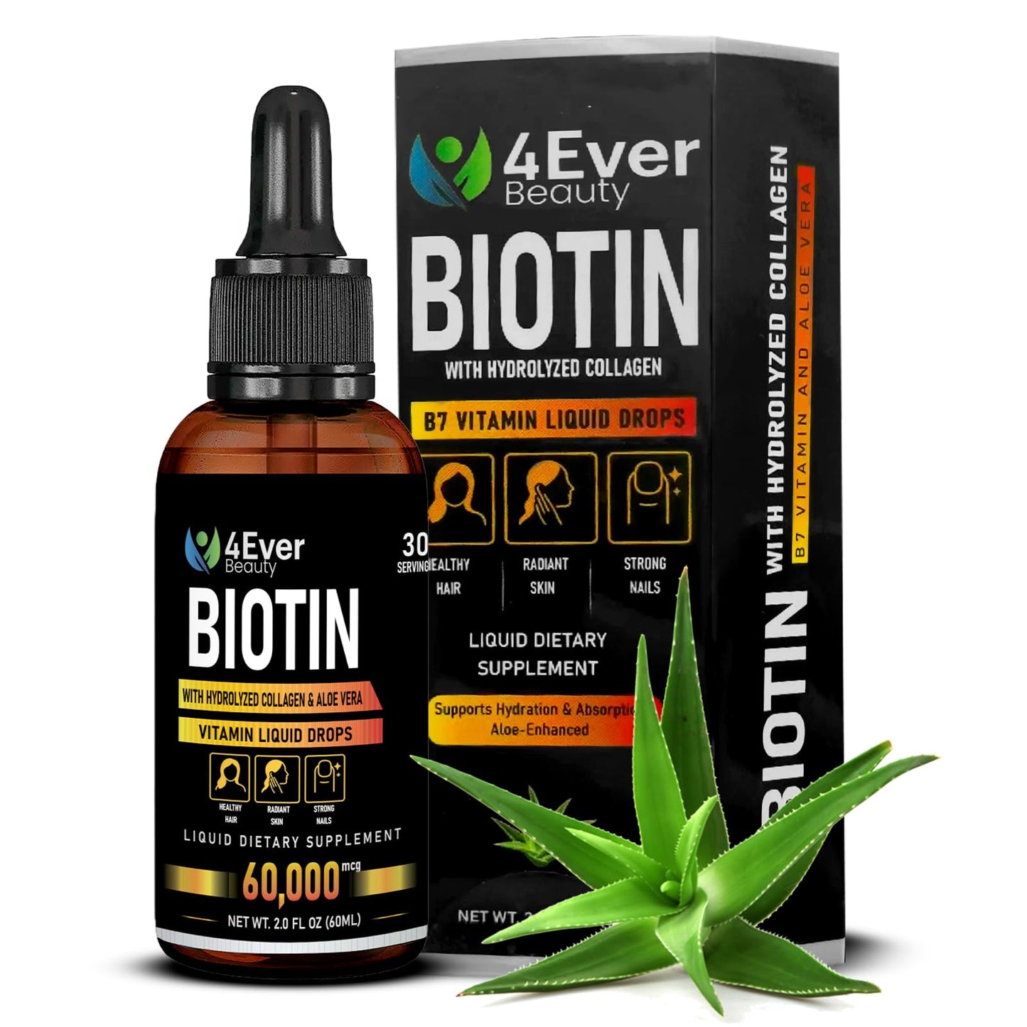 4Ever Beauty Biotin & Collagen Drops with Aloe – 60,000 mcg B7, Hair Growth, Nails, Skin – 2 fl oz