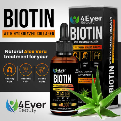 4Ever Beauty Biotin & Collagen Drops with Aloe – 60,000 mcg B7, Hair Growth, Nails, Skin – 2 fl oz