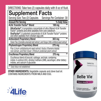 4Life Transfer Factor Belle Vie – Supports Women's Reproductive Health (Kudzu, Flax & Red Clover) – 60 Veggie Capsules