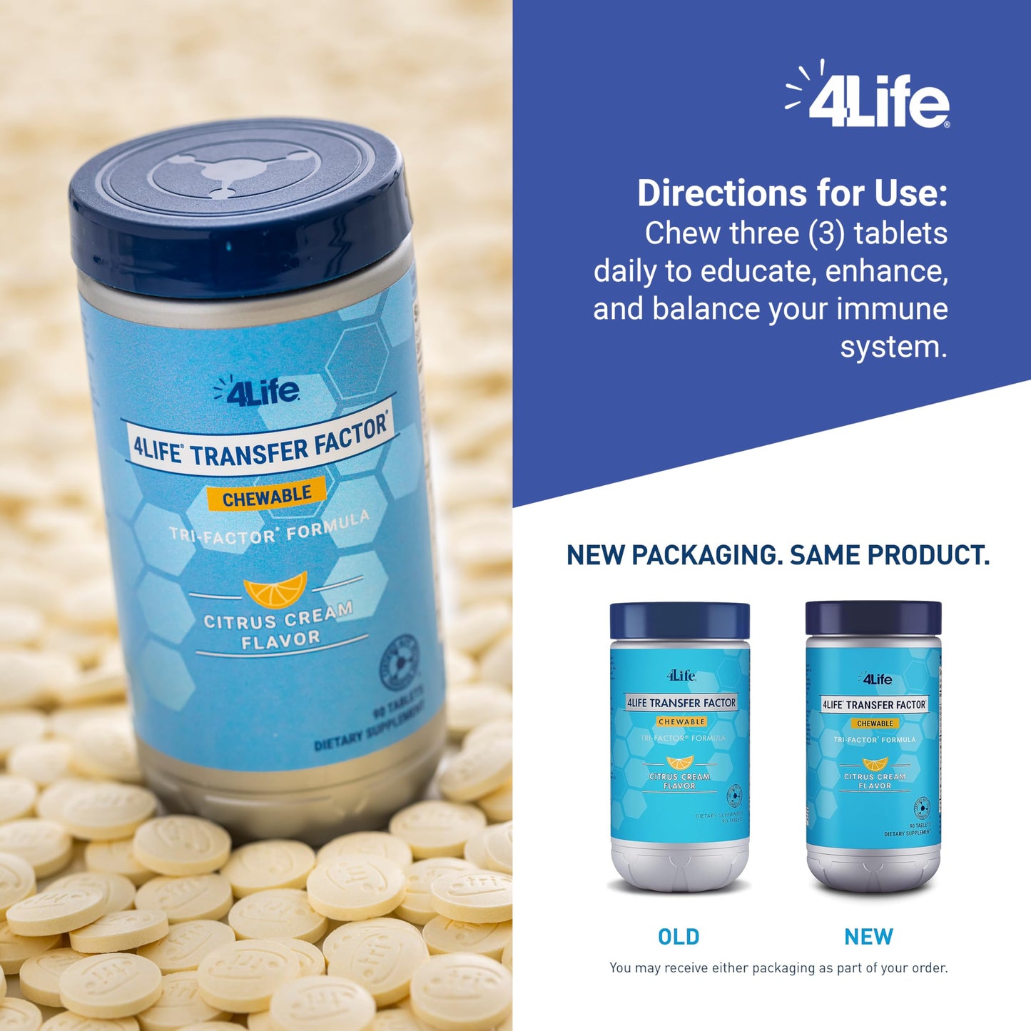 4Life Transfer Factor Chewable Tri-Factor Formula – Citrus Cream, 90 Tablets