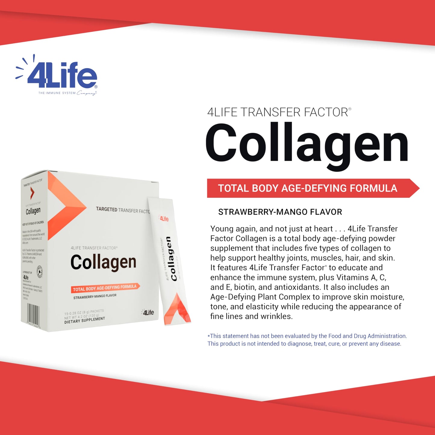 4Life Transfer Factor Collagen – 5 Types of Collagen + Vitamins | Hair, Skin & Nails Support (15 Packets)