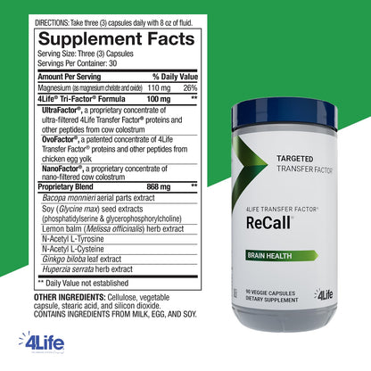 4Life Transfer Factor Recall – Supports Brain Health, Memory & Learning | 90 Veggie Capsules