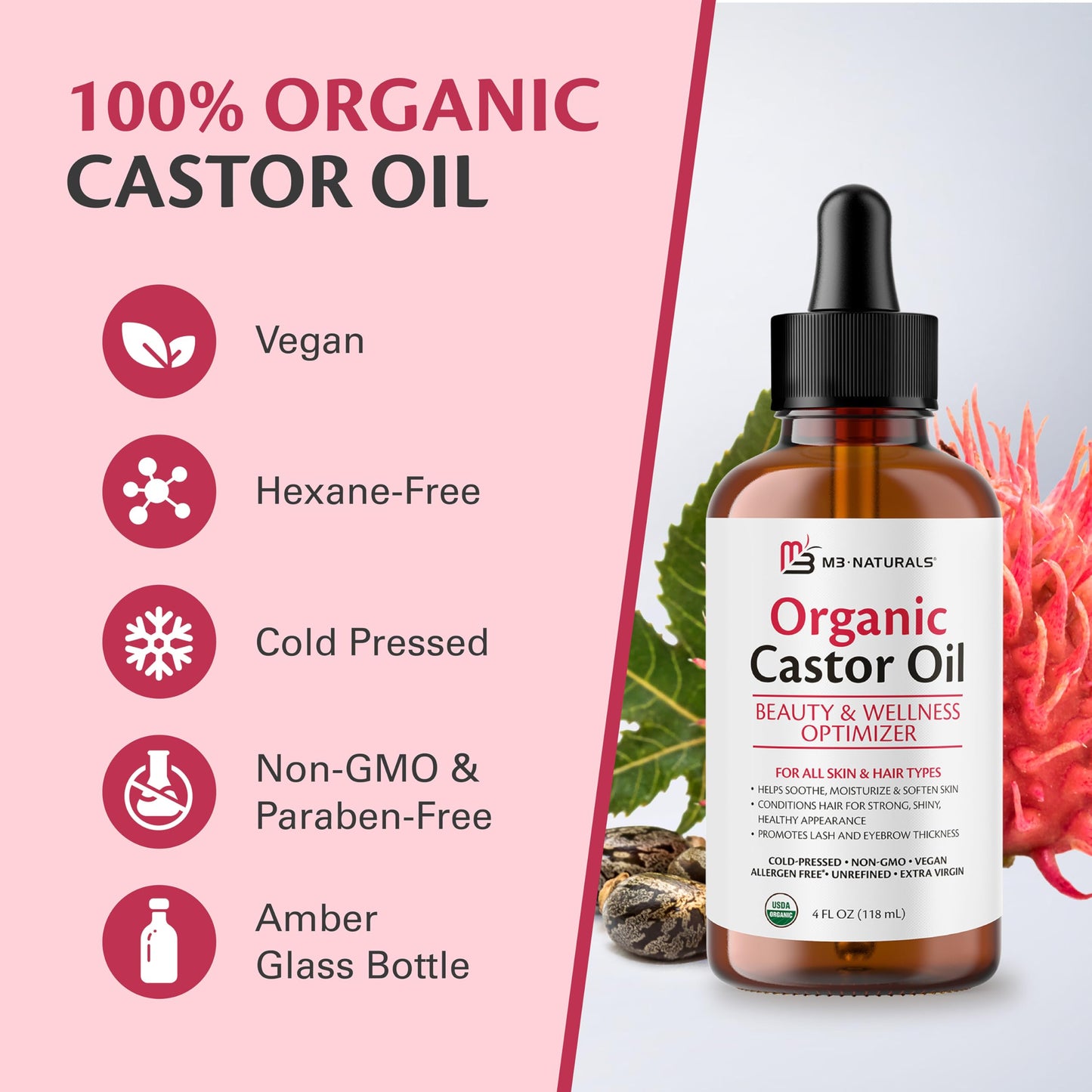 100% Pure Organic Castor Oil for Hair, Lash and Eyebrow Growth, Lymphatic Drainage and Skin Hydration | Hexane-Free, Cold Pressed, Unrefined in a 4 fl oz Glass Bottle with Dropper