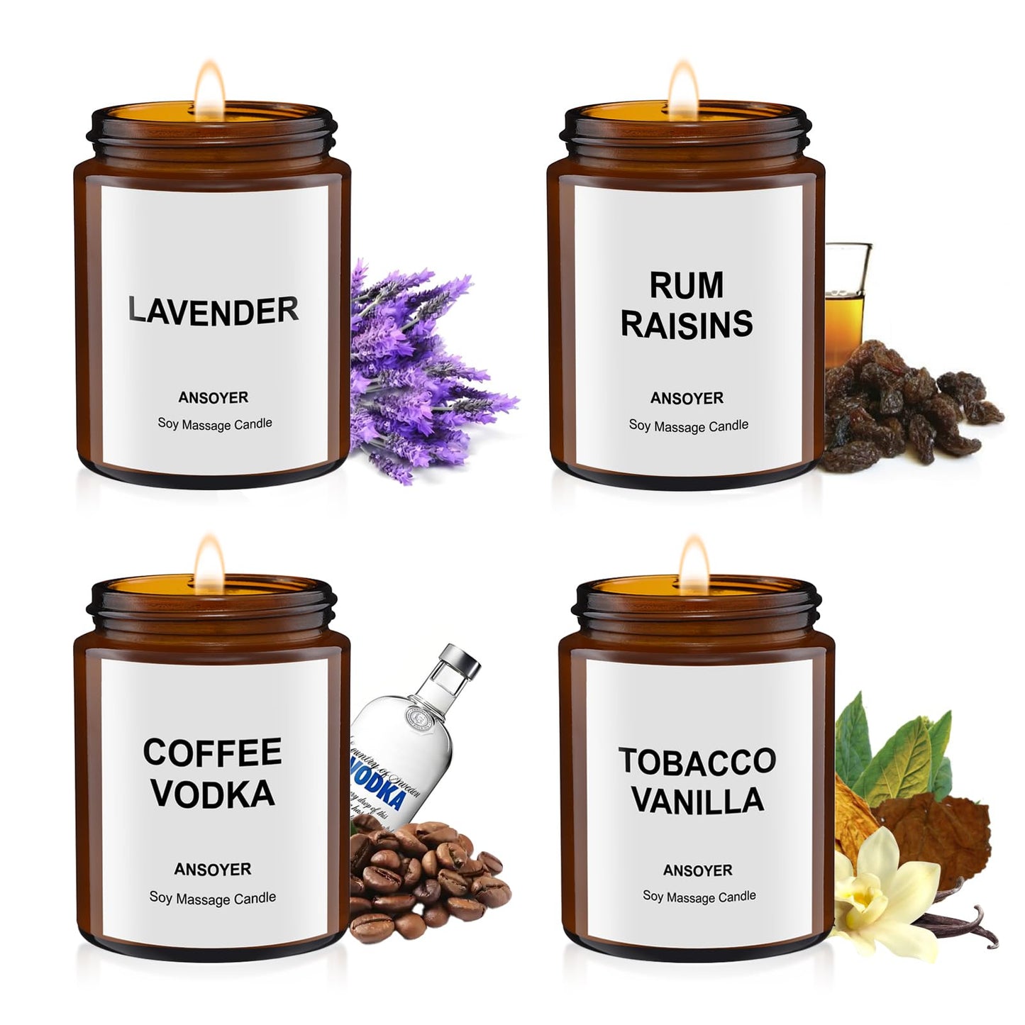4PCS Massage Candles for Massage Therapy – Soy + Hemp Seed Oil Gift Set (18.08 oz) – Lavender, Rum Raisins, Coffee Vodka, Tobacco Vanilla