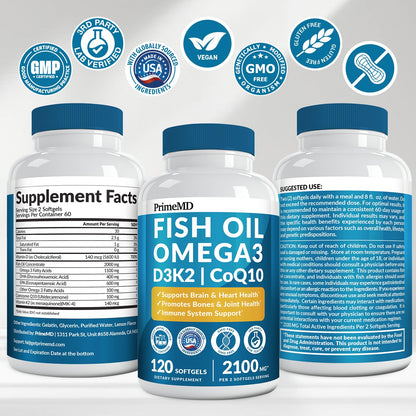 PrimeMD 5-in-1 Fish Oil Omega-3 2100mg with D3, K2 and CoQ10 – Lemon (120 softgels, Pack of 3)