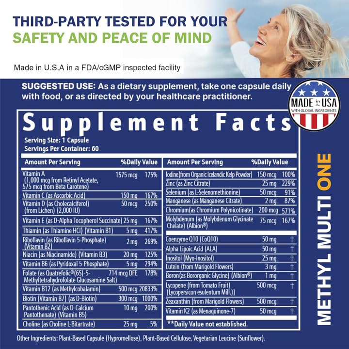 Power By Naturals Methyl Multi One – Iron-Free Methylated Multivitamin with 5-MTHF, B12, CoQ10 (60 capsules, 2-month supply)