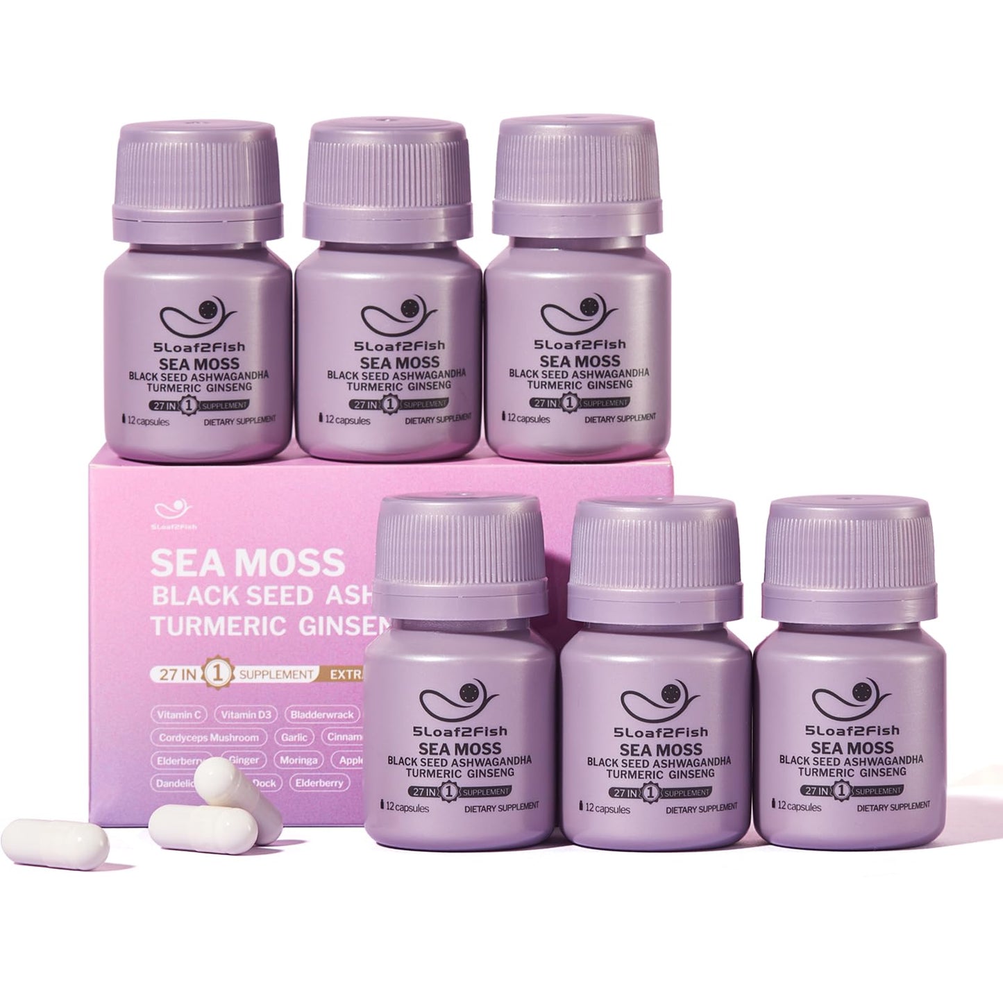 5Loaf2Fish Organic Sea Moss Capsules – 27-in-1 Nano-Encapsulated, 72 Veggie Capsules