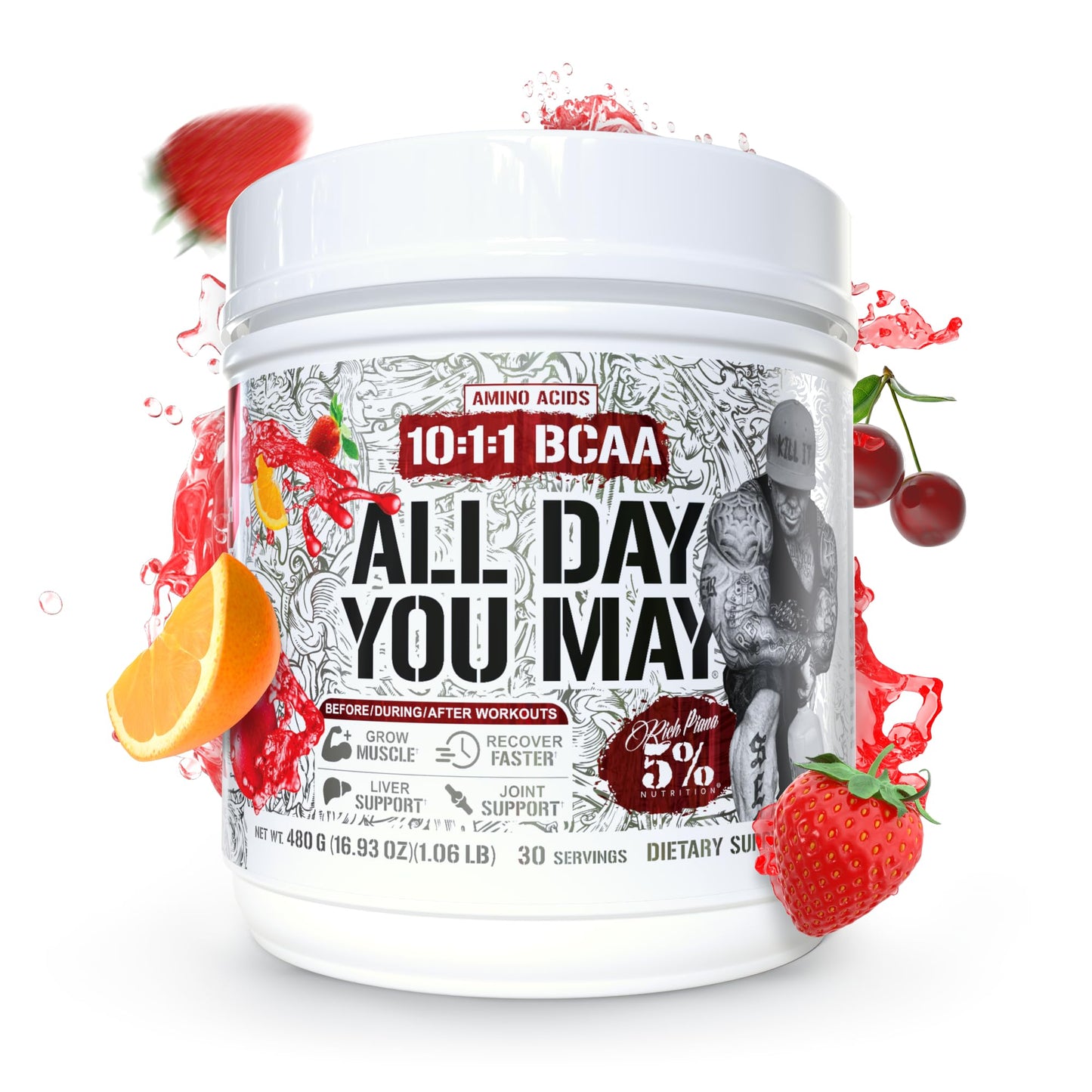 5% Nutrition Rich Piana AllDayYouMay BCAA Powder – Intra & Post-Workout Aminos, Hydration, Endurance (Fruit Punch) 16.93 oz