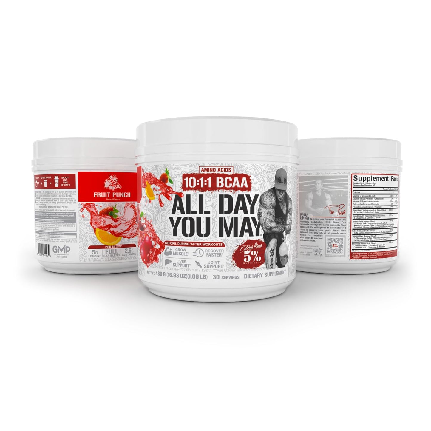 5% Nutrition Rich Piana AllDayYouMay BCAA Powder – Intra & Post-Workout Aminos, Hydration, Endurance (Fruit Punch) 16.93 oz