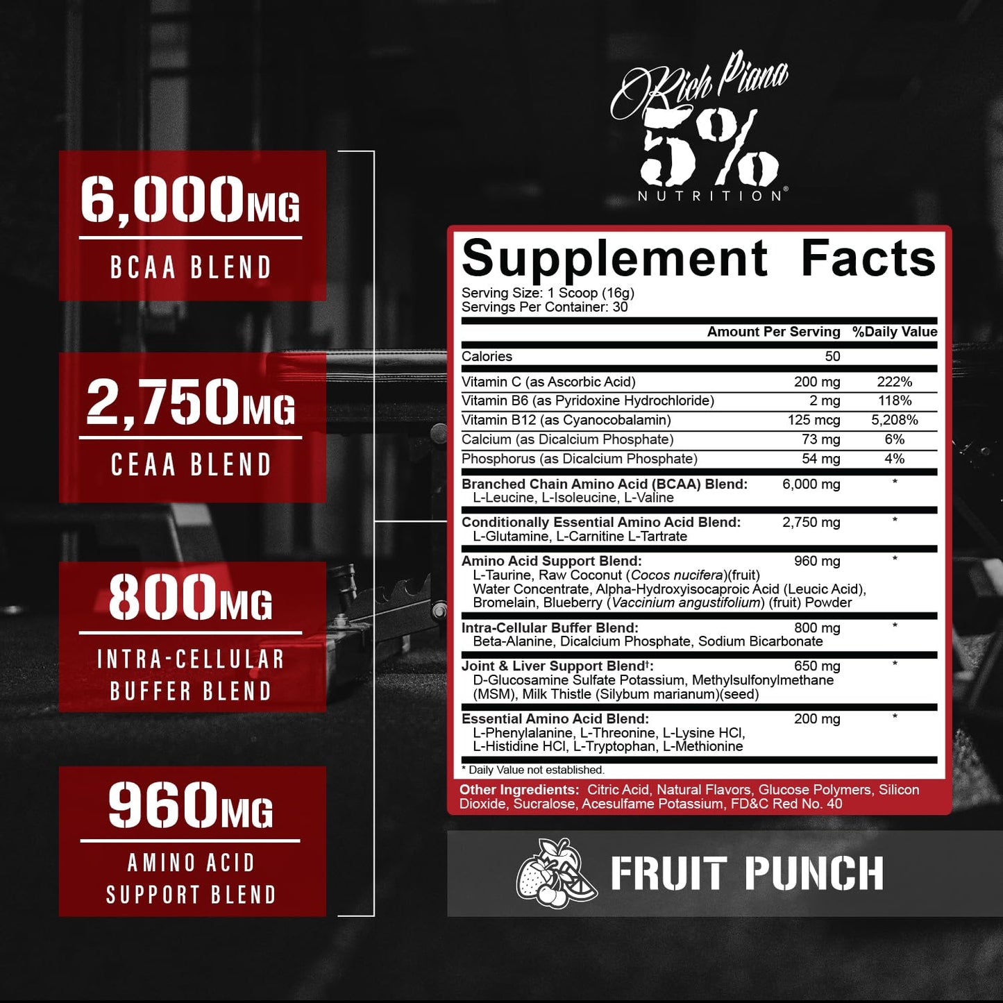 5% Nutrition Rich Piana AllDayYouMay BCAA Powder – Intra & Post-Workout Aminos, Hydration, Endurance (Fruit Punch) 16.93 oz