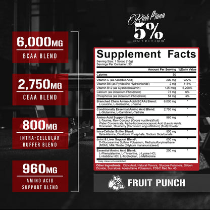 5% Nutrition Rich Piana AllDayYouMay BCAA Powder – Intra & Post-Workout Aminos, Hydration, Endurance (Fruit Punch) 16.93 oz