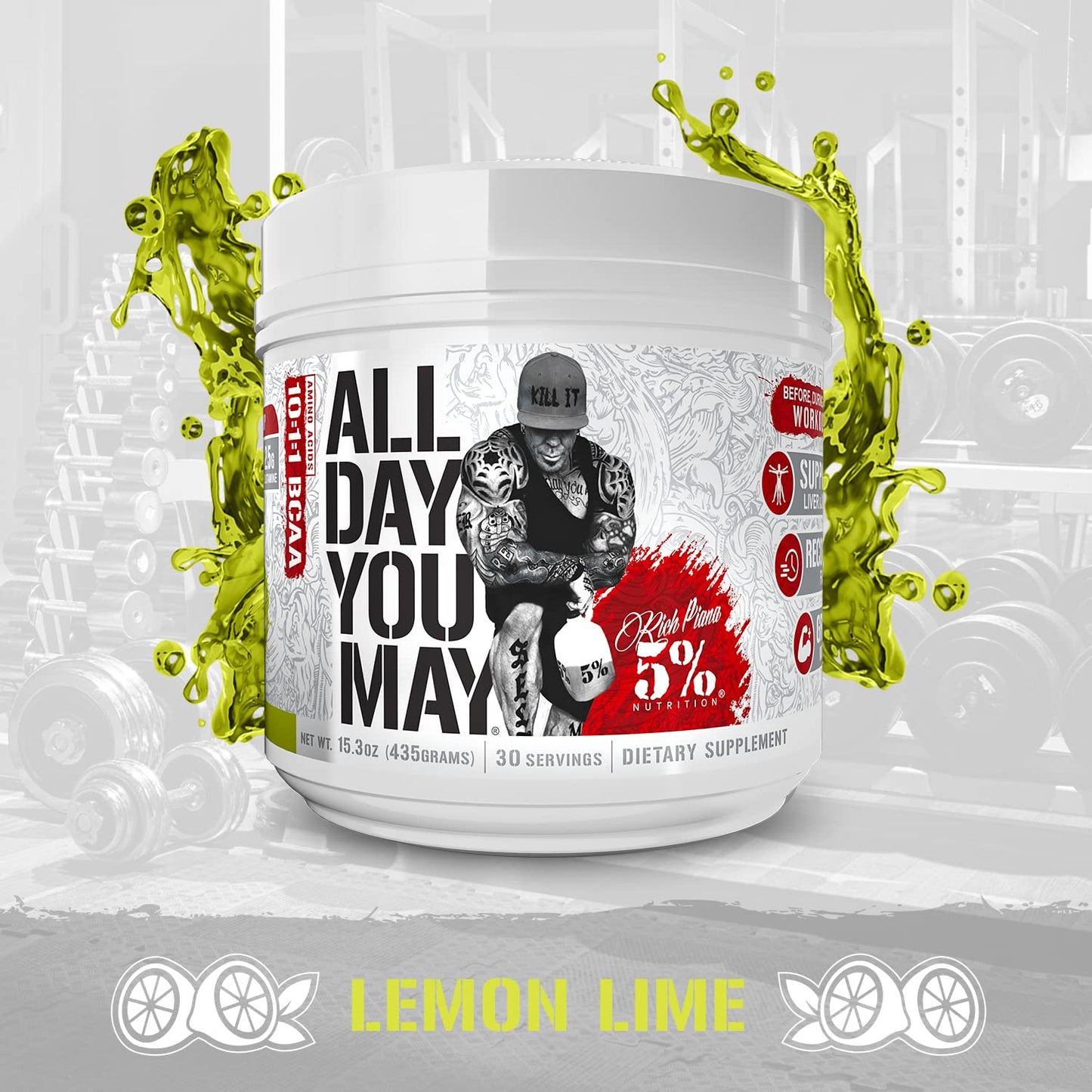 5% Nutrition Rich Piana AllDayYouMay BCAA Powder | Intra & Post-Workout Aminos, Hydration & Endurance – Lemon Lime, 15.3 oz