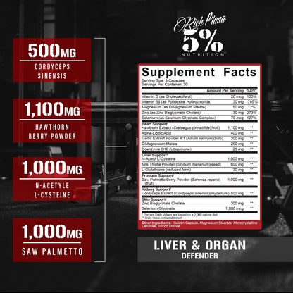 5% Nutrition Rich Piana Liver & Organ Defender Cycle Support Plus NAC | Liver, Prostate, Heart, Kidney & Skin Support | Milk Thistle, Saw Palmetto, Hawthorn Berry | 30-90 Servings