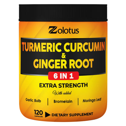 6 in 1 Turmeric Curcumin + Ginger Capsules - 95% Curcuminoids, Black Pepper | 120 Capsules