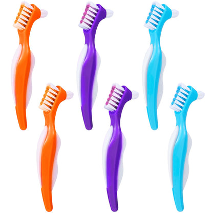 6 Pack Denture Cleaning Brush Dual Head – Angled, Portable Nylon Bristle Toothbrush (Blue/Orange/Purple)