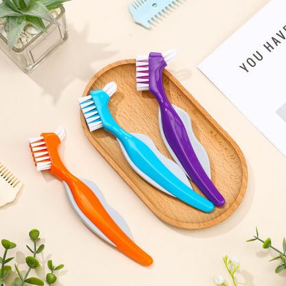 6 Pack Denture Cleaning Brush Dual Head – Angled, Portable Nylon Bristle Toothbrush (Blue/Orange/Purple)